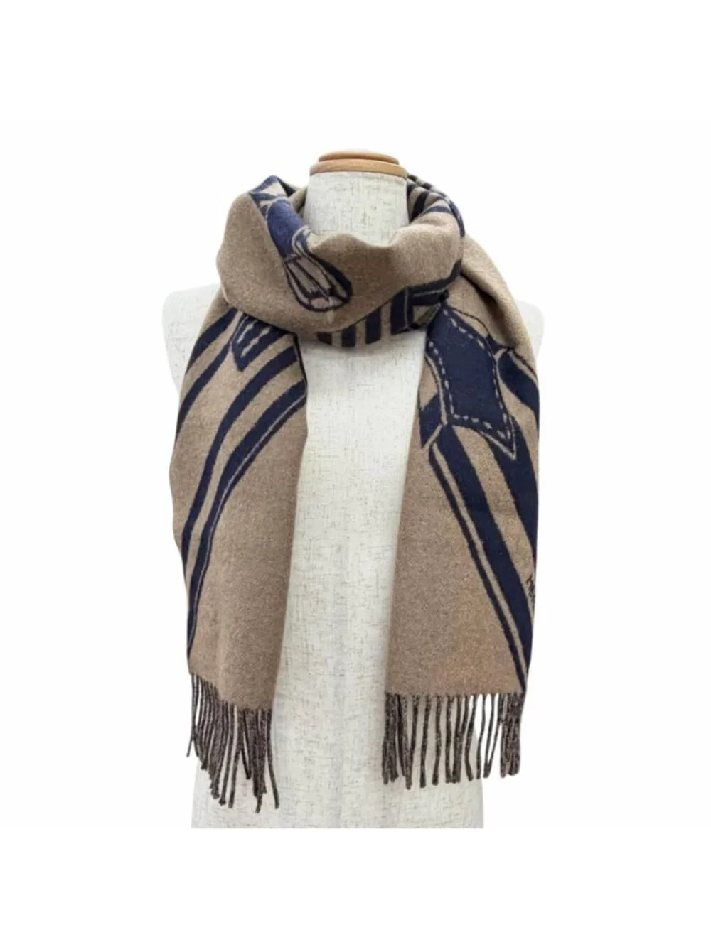 Hermes Sangles en Zigzag Cashmere 100% Etoupe Marine Fringe Scarf Brown Navy